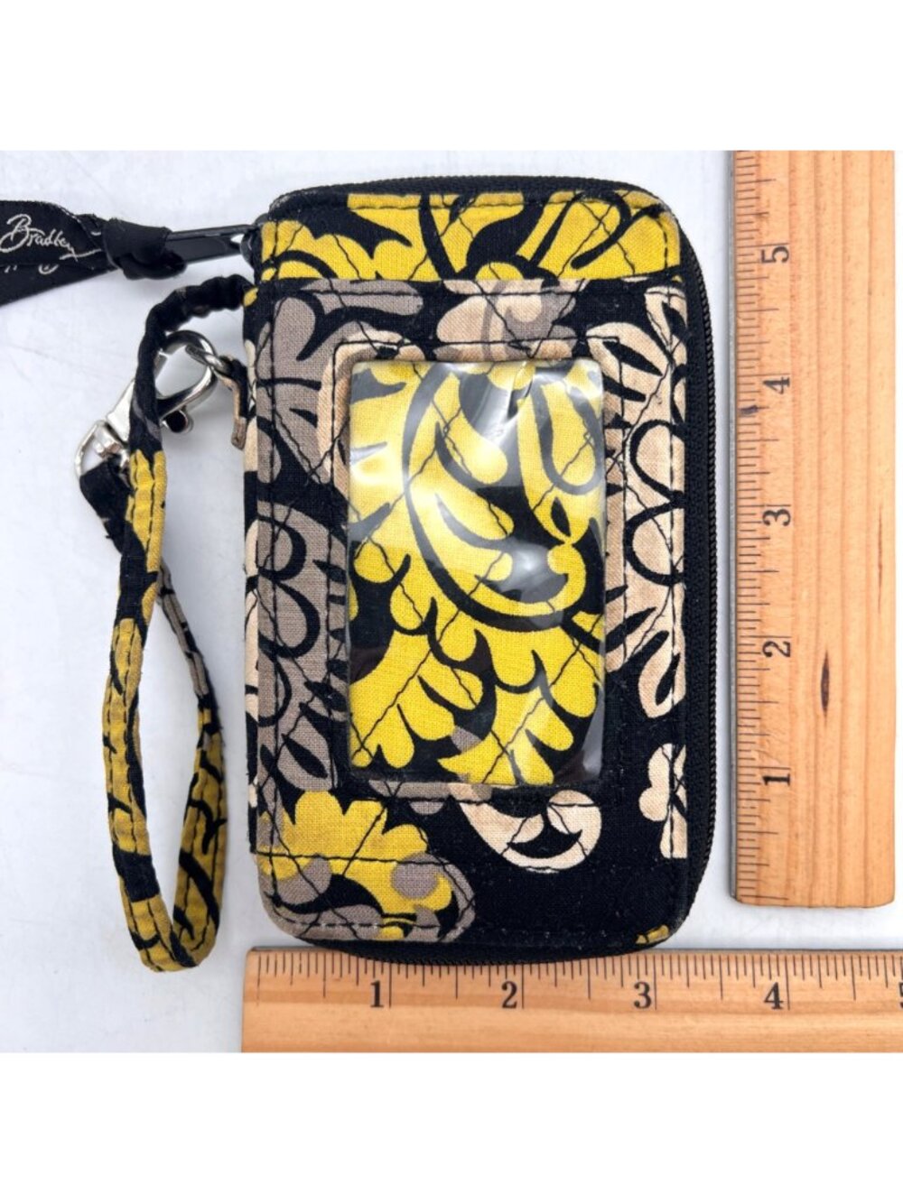 Vera Bradley Black Yellow Floral Print Wristlet Wallet ID Window Slots Zippered - Picture 5 of 6